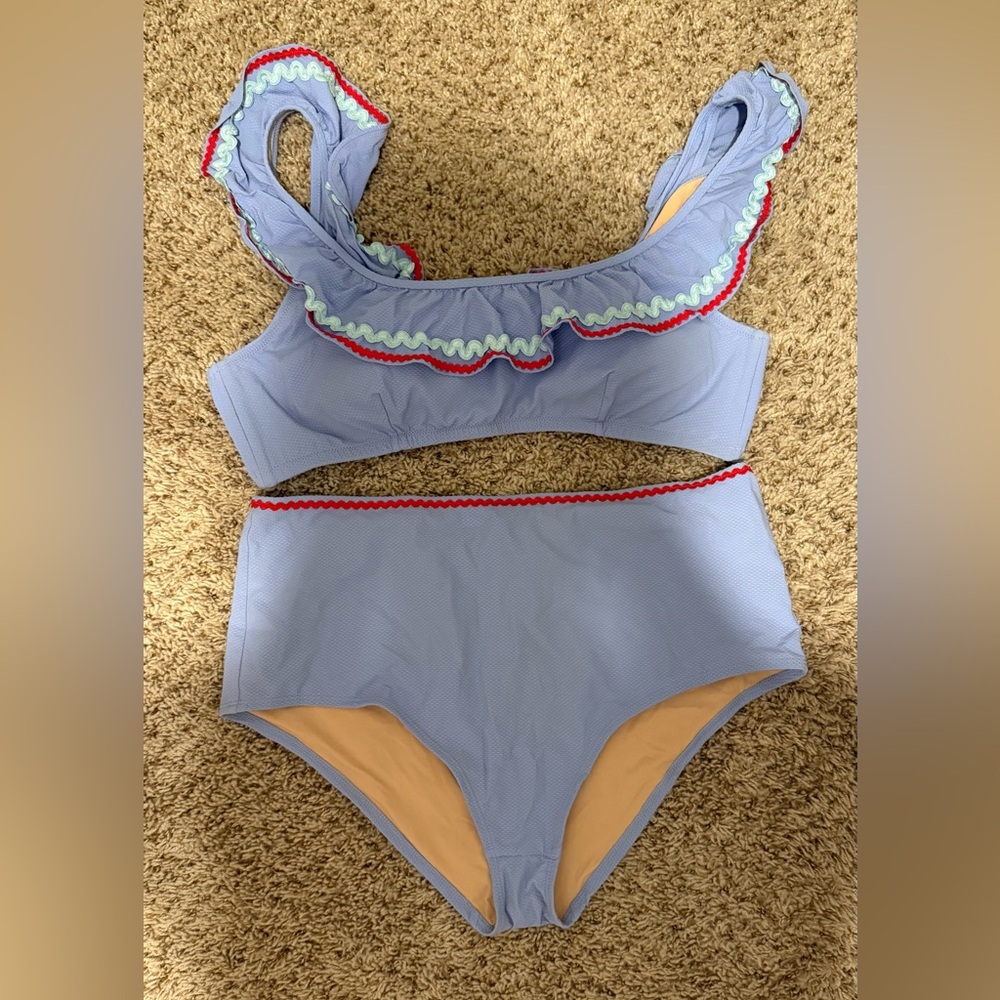 J. Crew Blue and Red Ruffle Bikini
